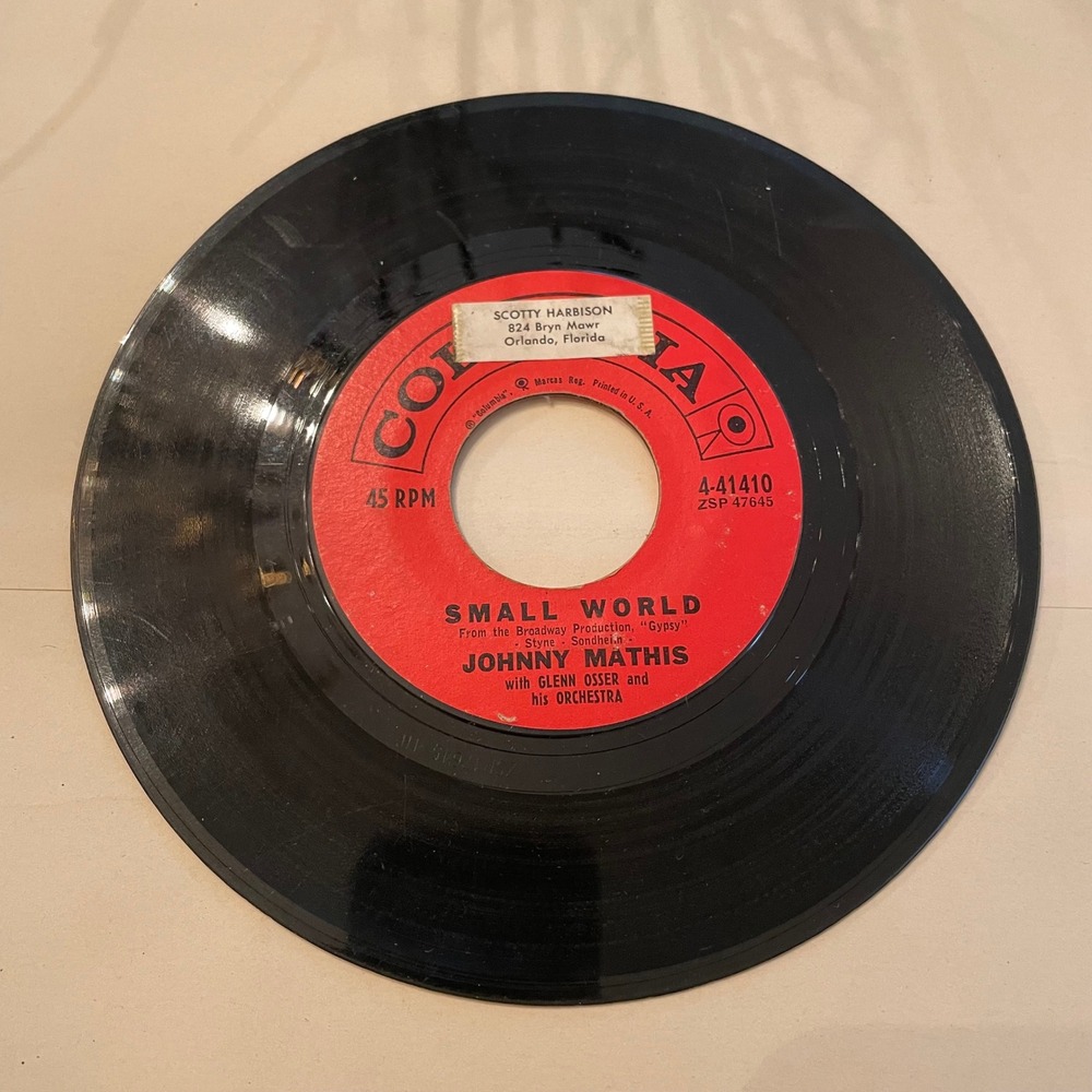Johnny Mathis 45 RPM Record Small World‎ You Are Everything To Me Columbia